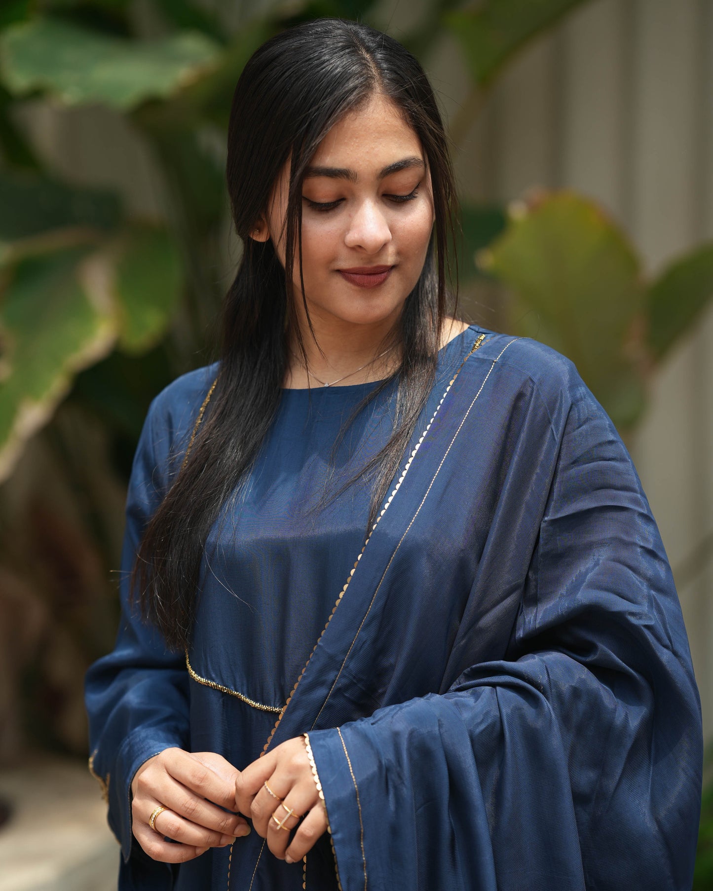 MY HOF Navy Blue Suit Set With Hand Embroidery In Crepe