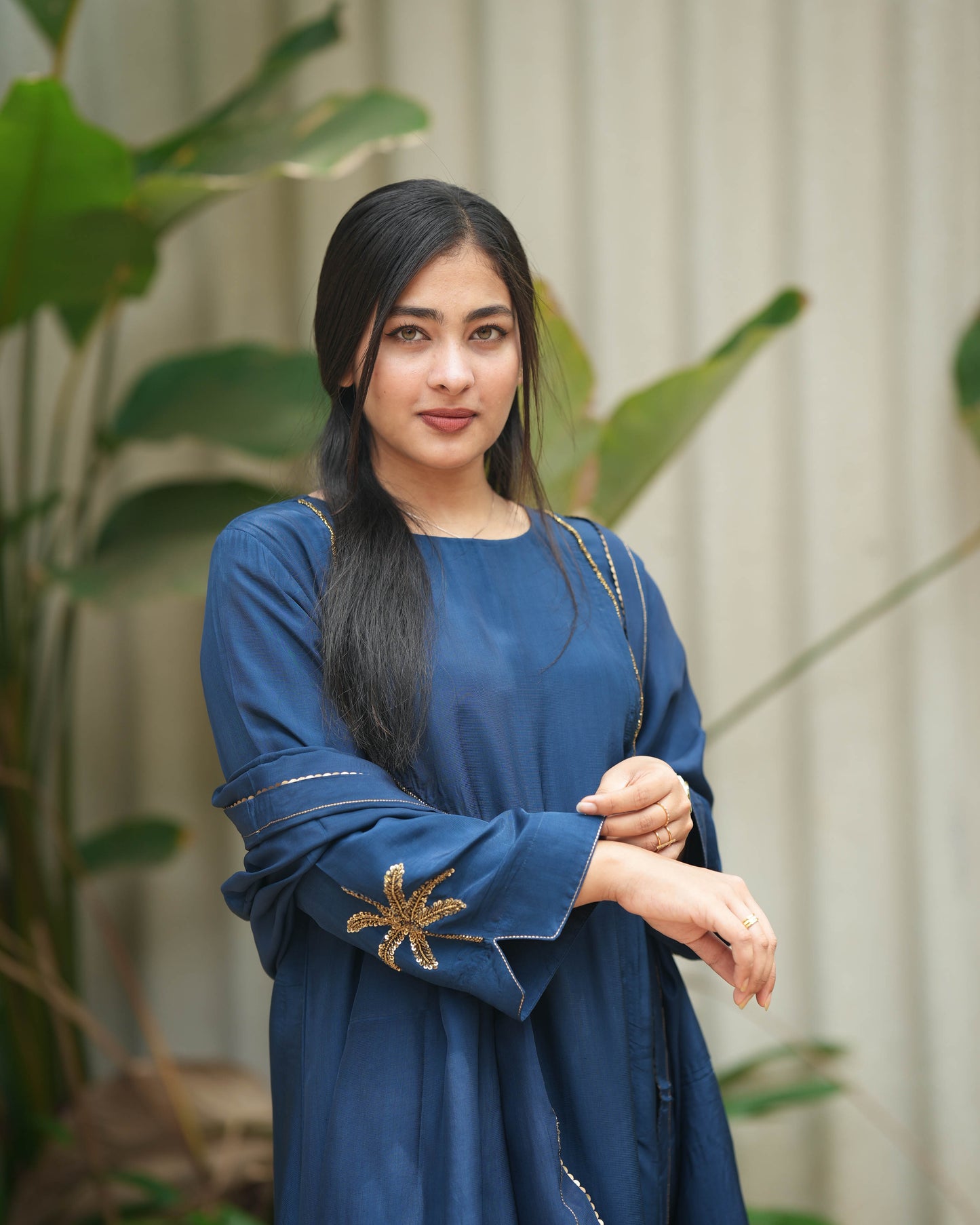 MY HOF Navy Blue Suit Set With Hand Embroidery In Crepe