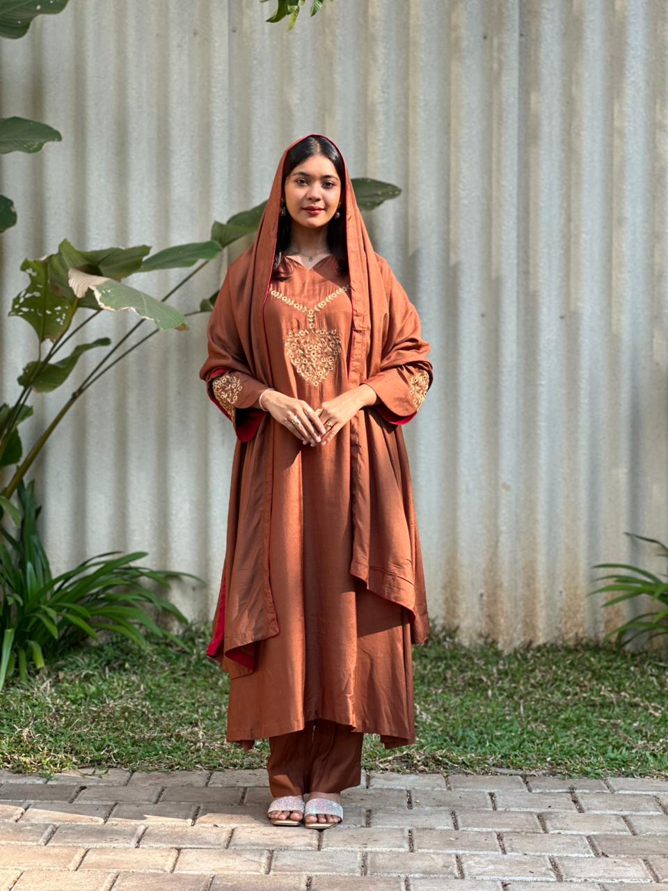 MY HOF Brown Suit Set With Floral Embroidery In Muslin