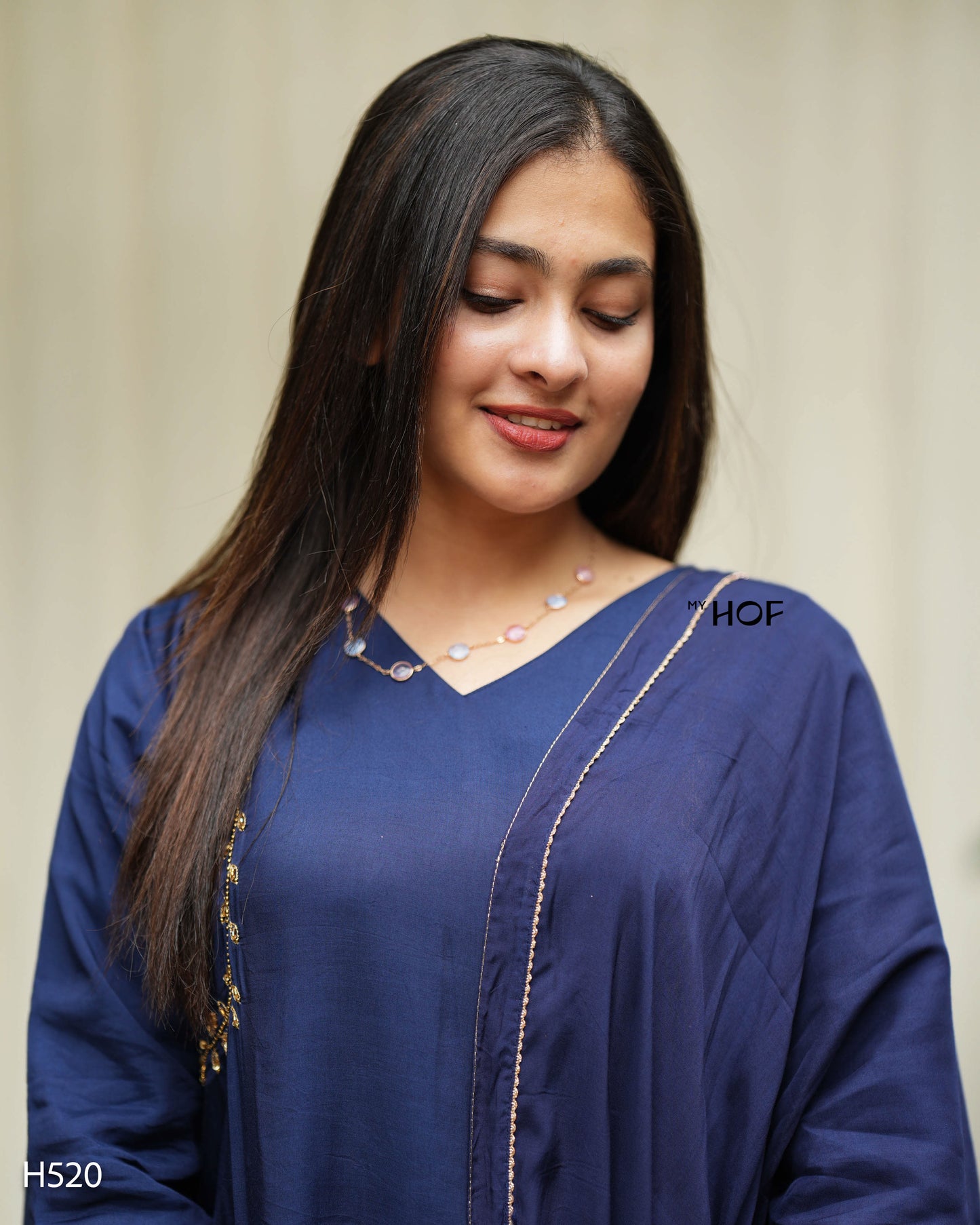 MY HOF Navy Blue Suit Set With Hand Embroidery In Muslin (H520)