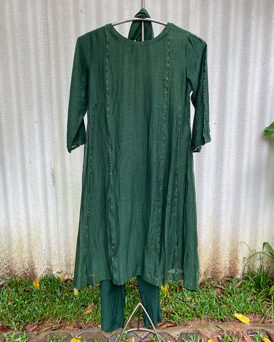 MY HOF Bottle Green Suit Set In Mul Chanderi