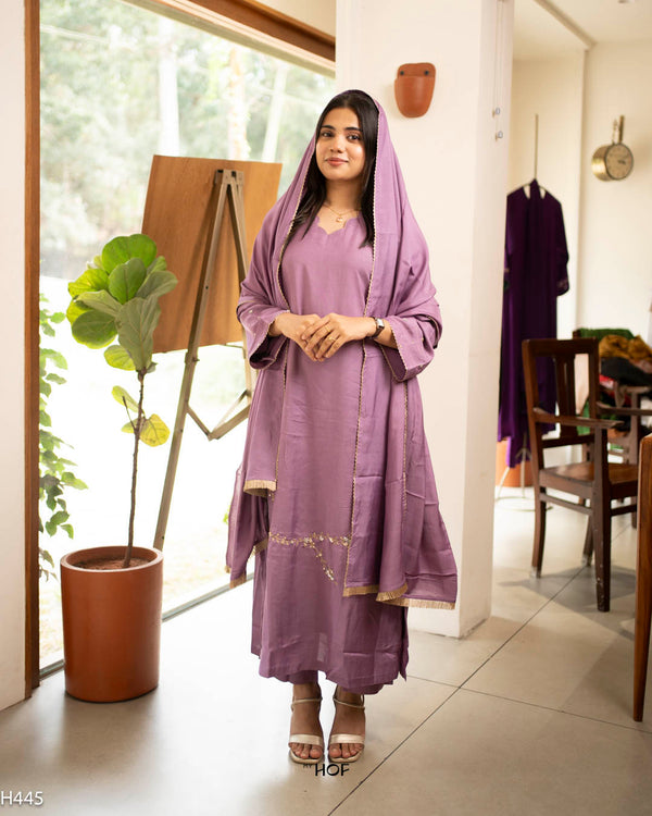 MY HOF Onion Pink Suit Set With Floral Hand Embroidery In Muslin