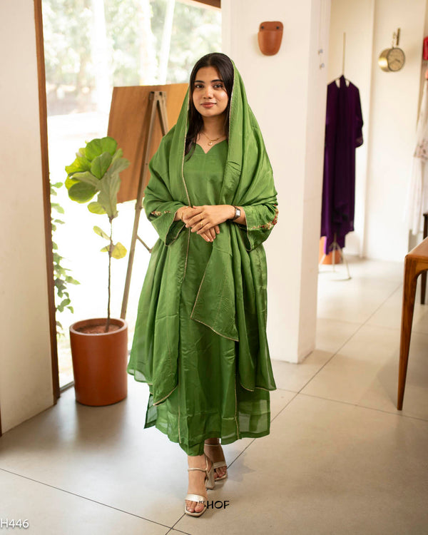 MY HOF Leaf Green Suit Set With Hand Embroidery In Glossy Organza