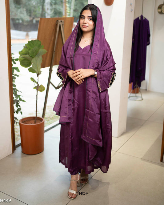 MY HOF Purple Suit Set With Floral Embroidery In Glossy Organza