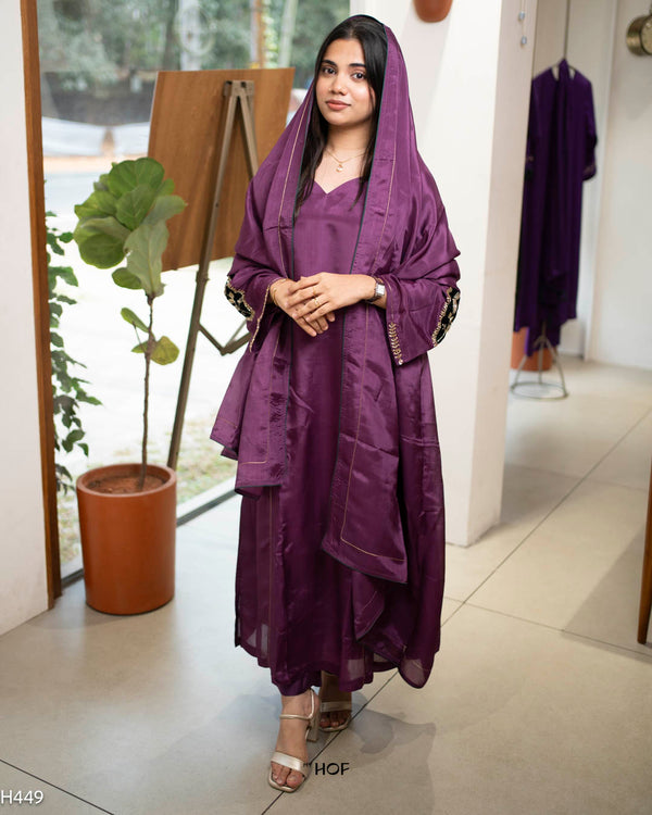 MY HOF Purple Suit Set With Floral Embroidery In Glossy Organza