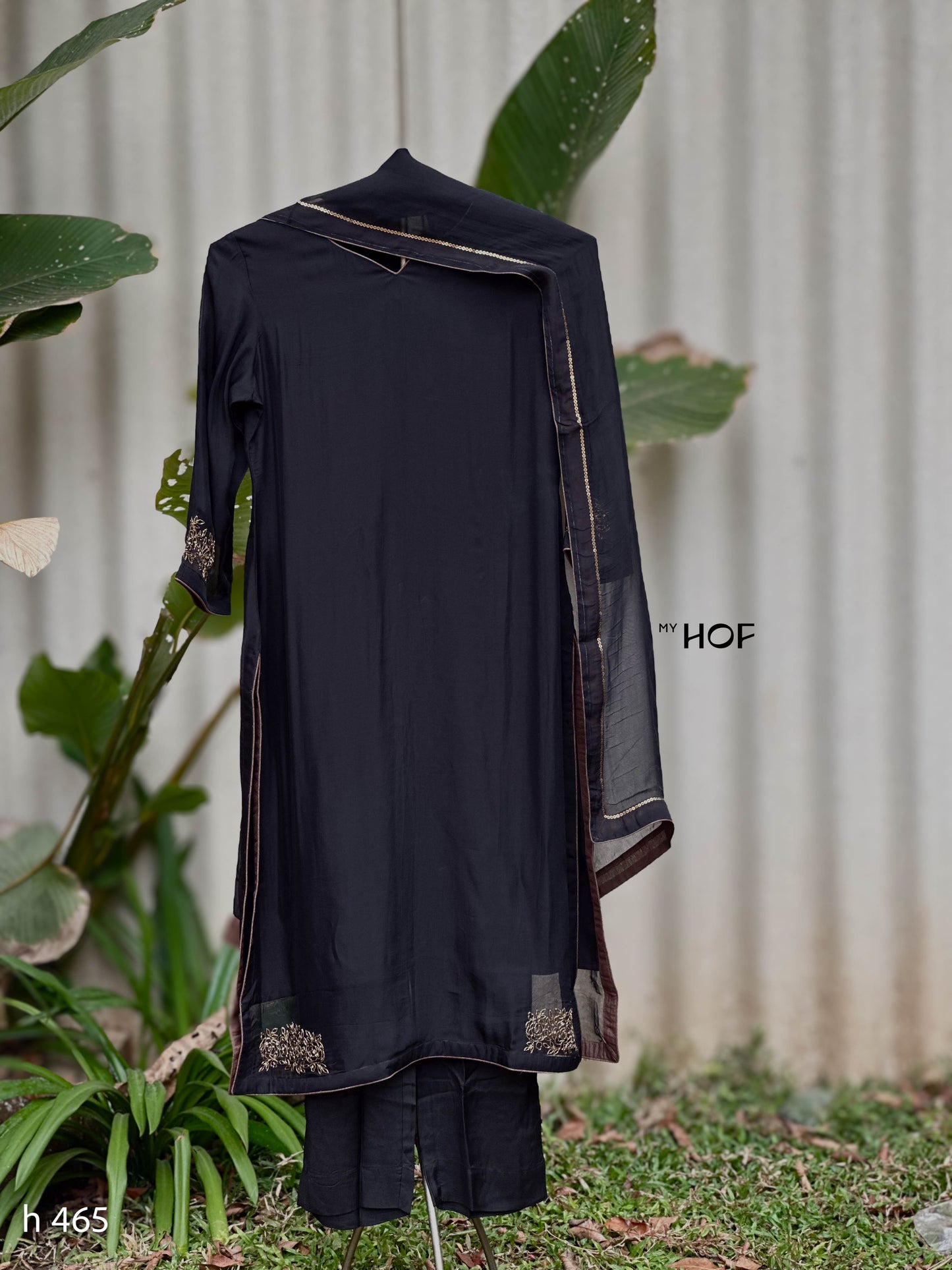 MY HOF Black Suit Set With Floral Hand Embroidery In Organza