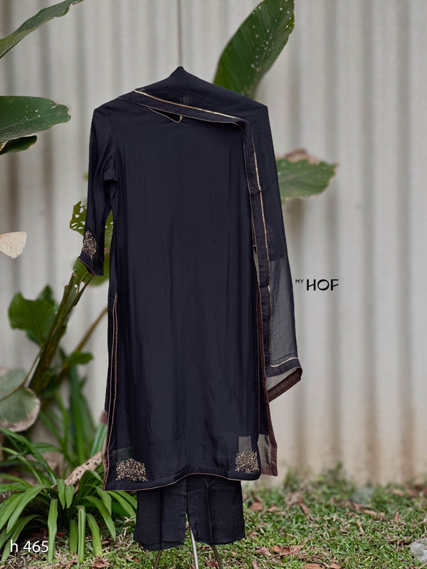 MY HOF Black Suit Set With Floral Hand Embroidery In Organza