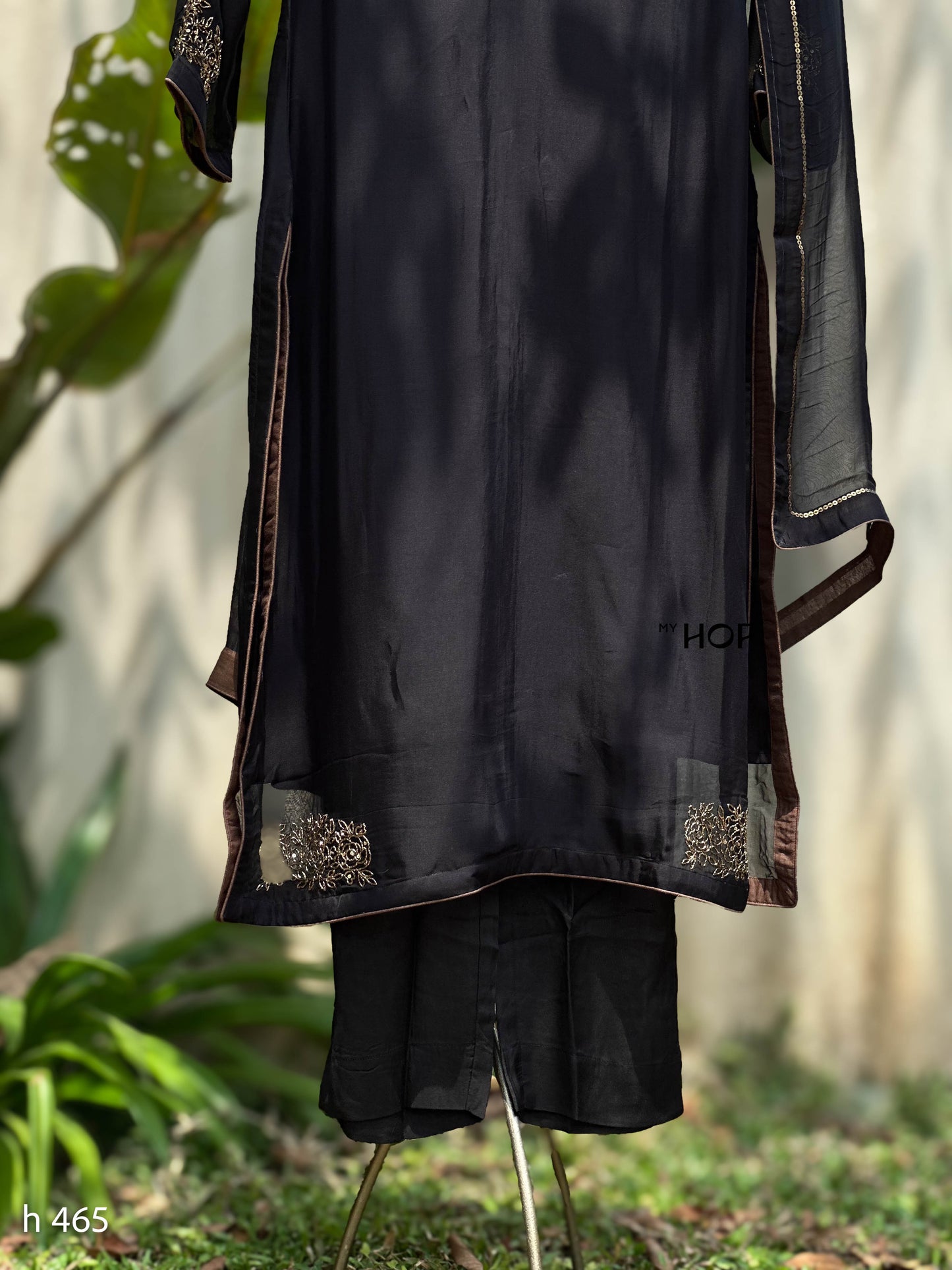 MY HOF Black Suit Set With Floral Hand Embroidery In Organza