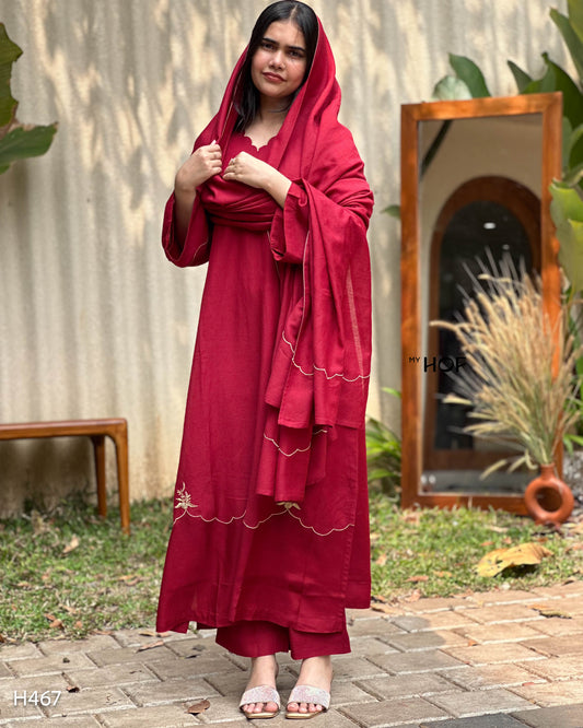 MY HOF Maroon Suit Set With Floral Thread Embroidery In Linen