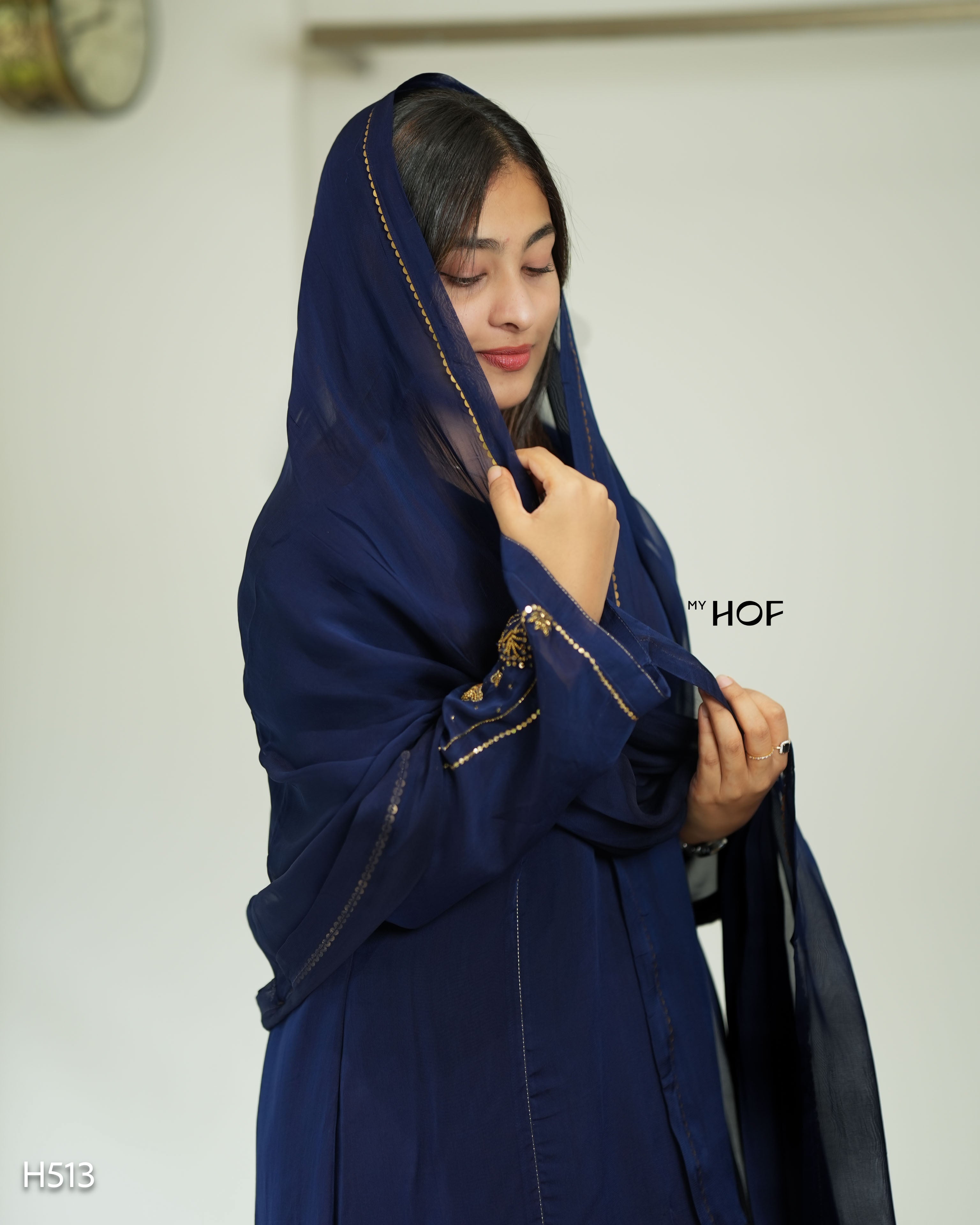 MY HOF Navy Blue Suit Set With Hand Embroidery In Organza