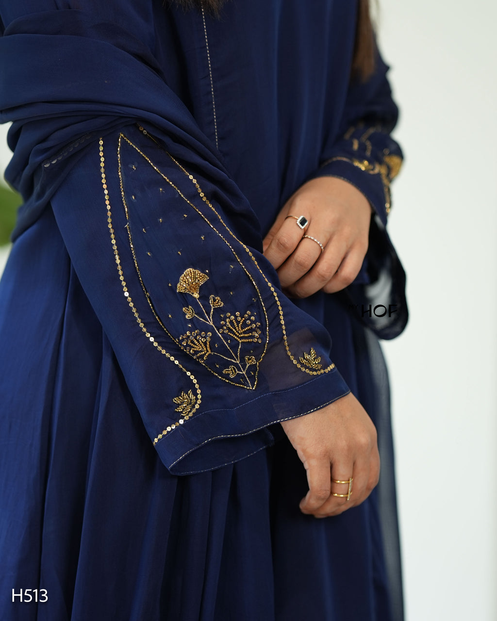 MY HOF Navy Blue Suit Set With Hand Embroidery In Organza