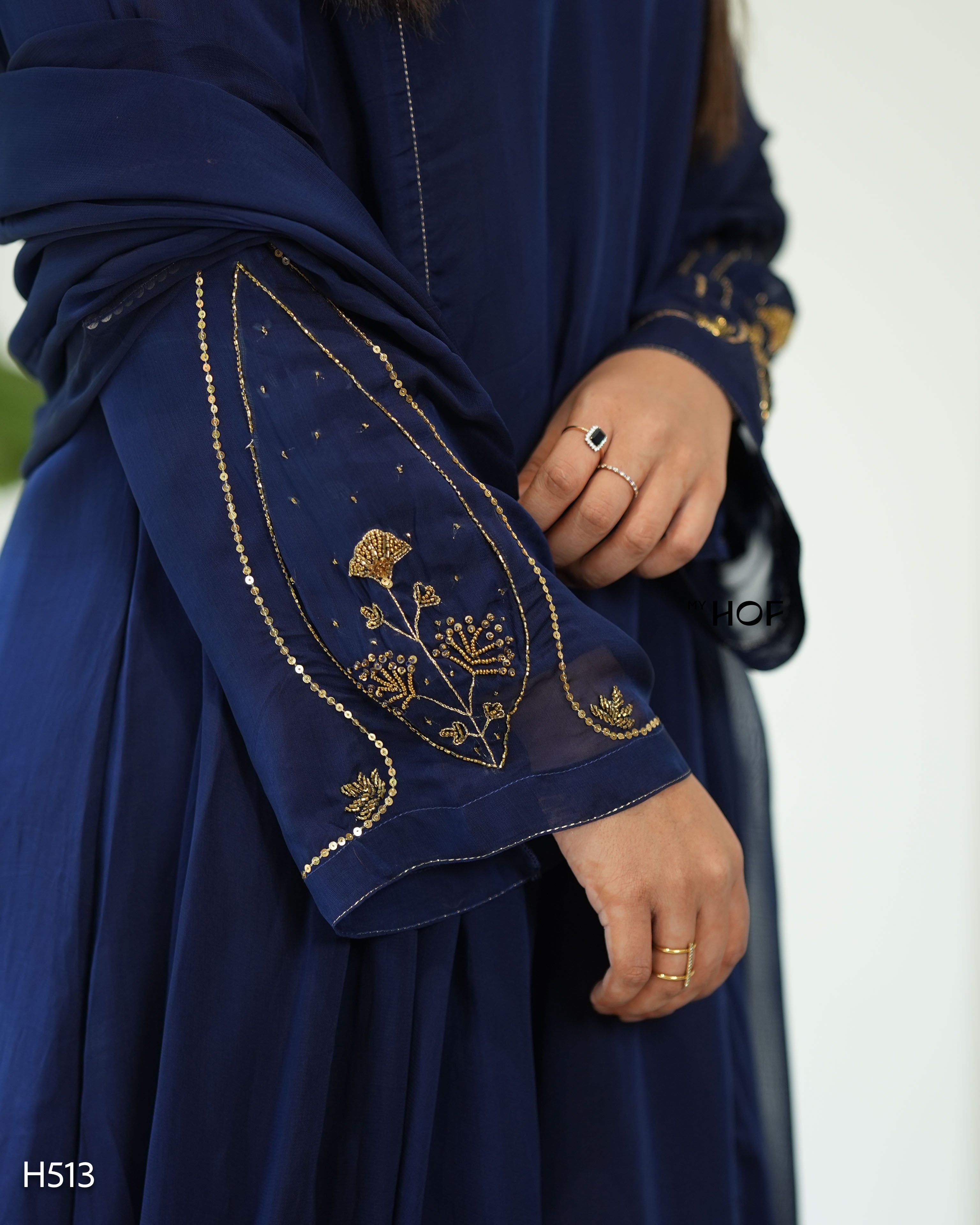 MY HOF Navy Blue Suit Set With Hand Embroidery In Organza