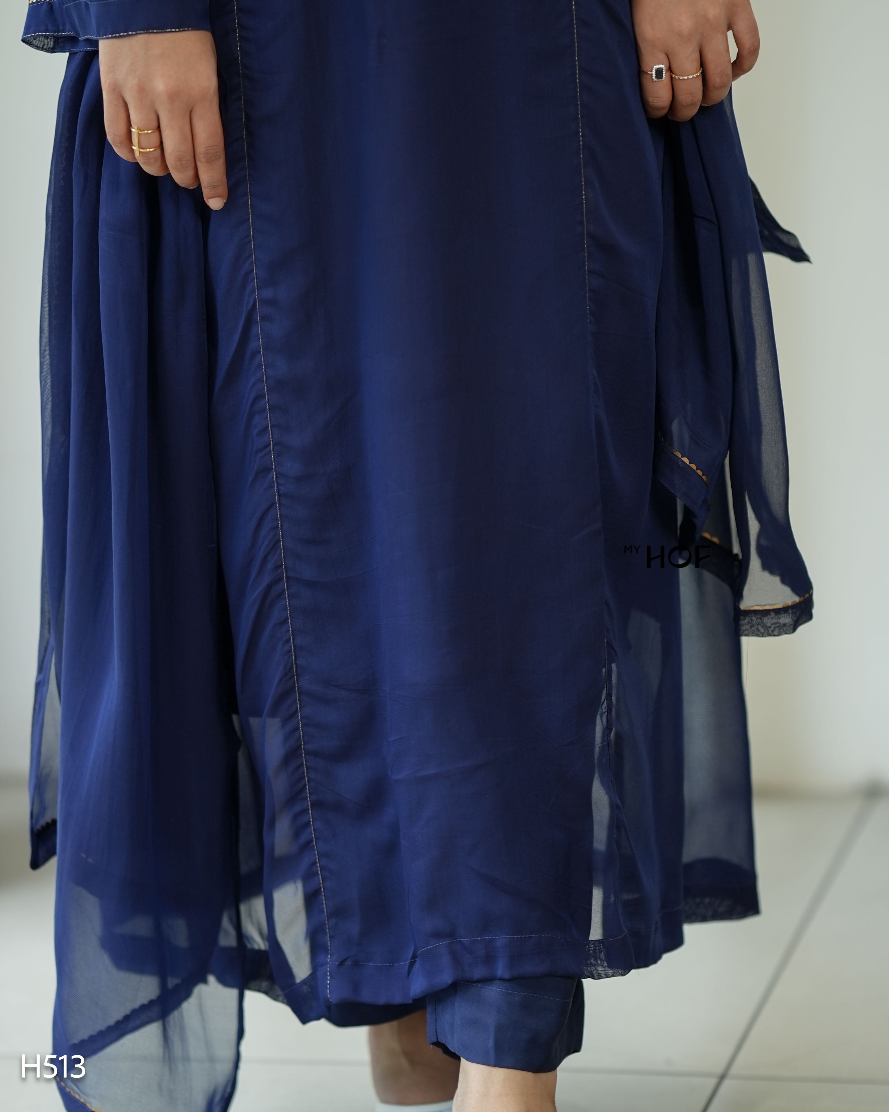 MY HOF Navy Blue Suit Set With Hand Embroidery In Organza