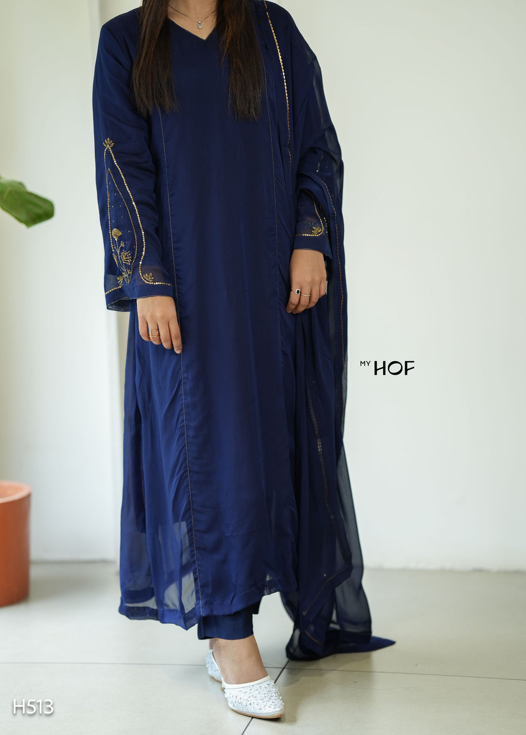 MY HOF Navy Blue Suit Set With Hand Embroidery In Organza