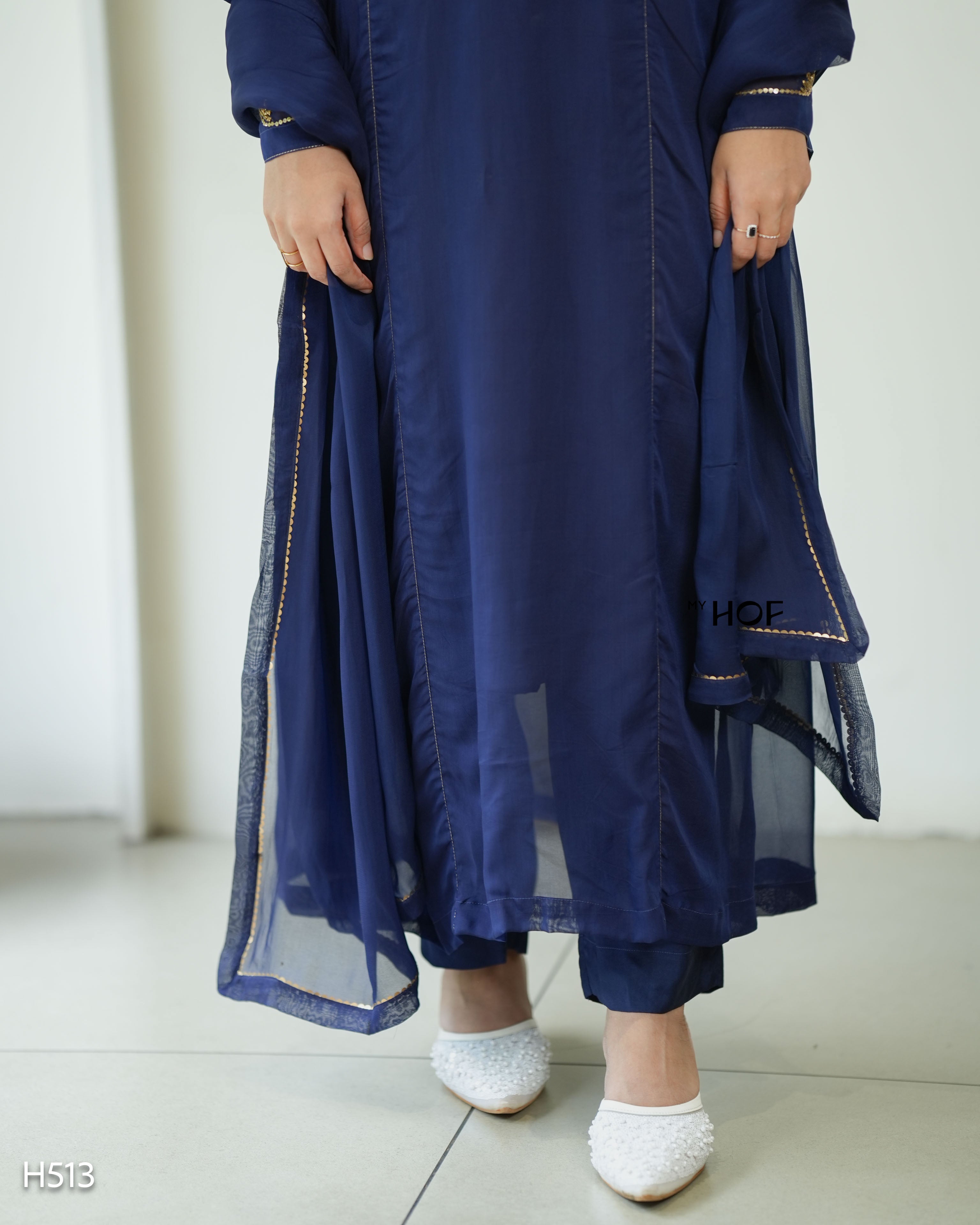 MY HOF Navy Blue Suit Set With Hand Embroidery In Organza