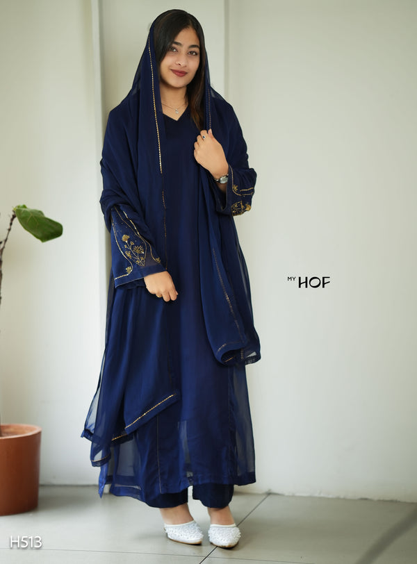 MY HOF Navy Blue Suit Set With Hand Embroidery In Organza