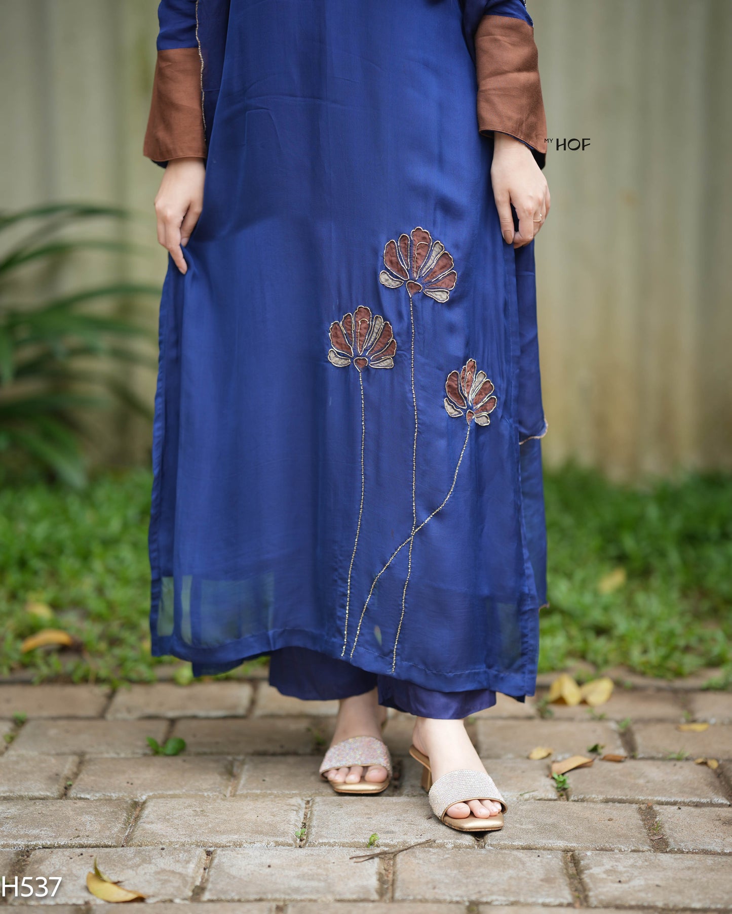 MY HOF Navy Blue And Brown Suit Set WIth Hand Embroidery In Organza (H537)