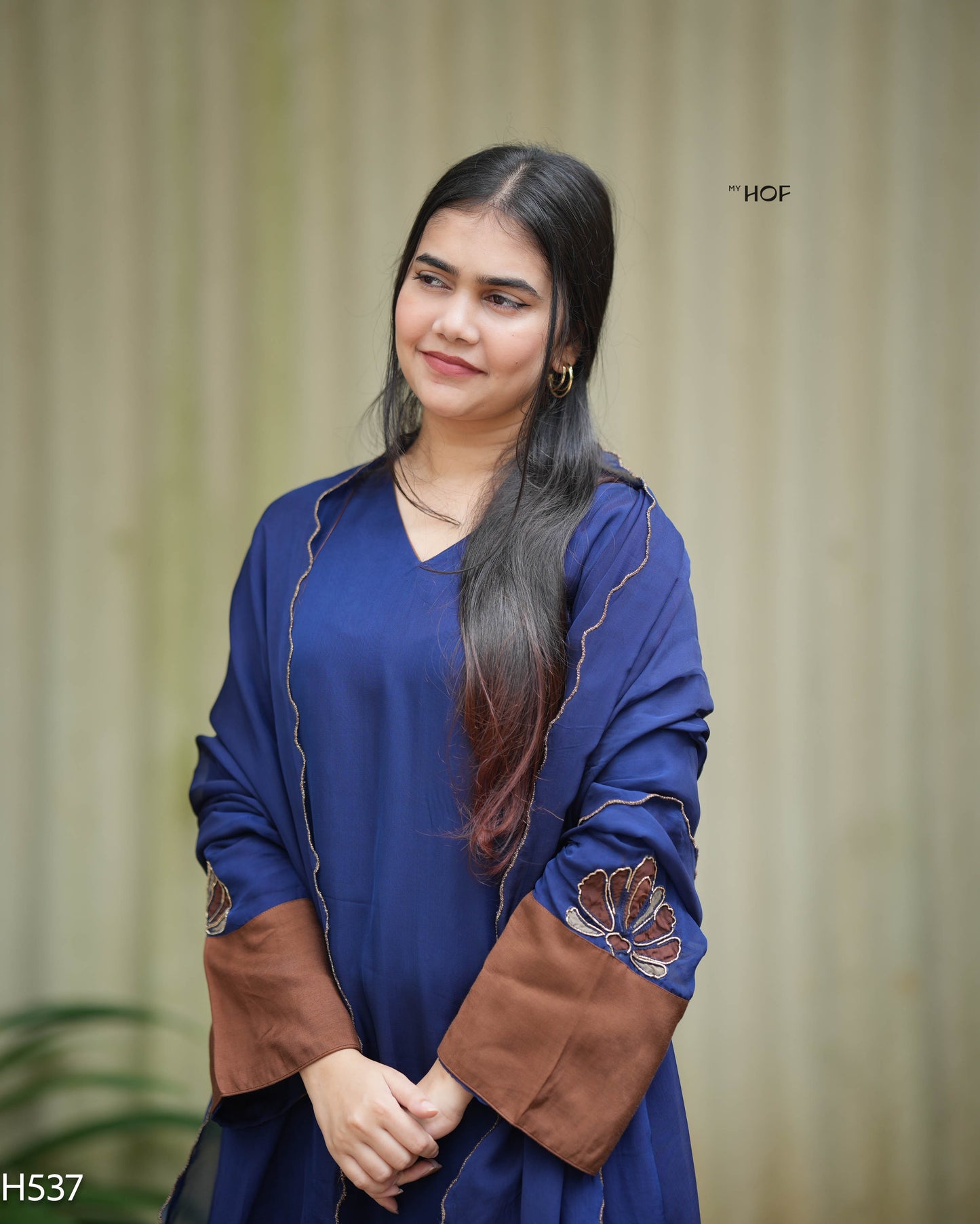 MY HOF Navy Blue And Brown Suit Set WIth Hand Embroidery In Organza (H537)