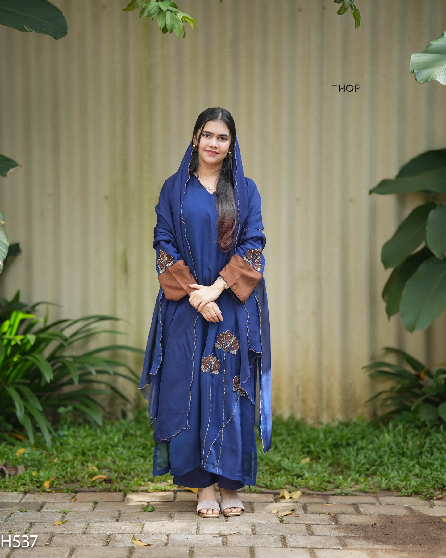 MY HOF Navy Blue And Brown Suit Set WIth Hand Embroidery In Organza (H537)